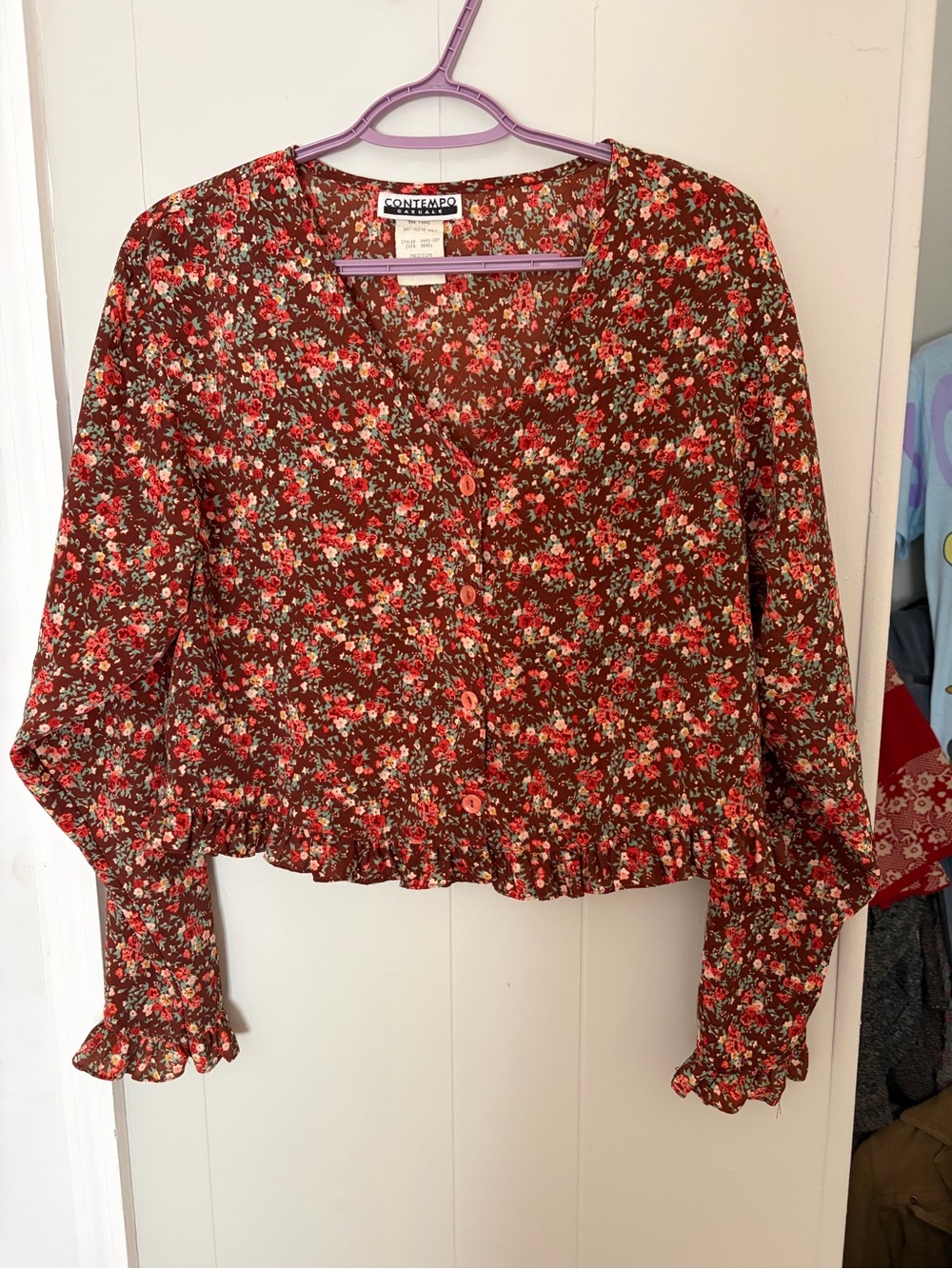 Y2K Contempo Casuals Floral Button-Front Ruffle Hem Top